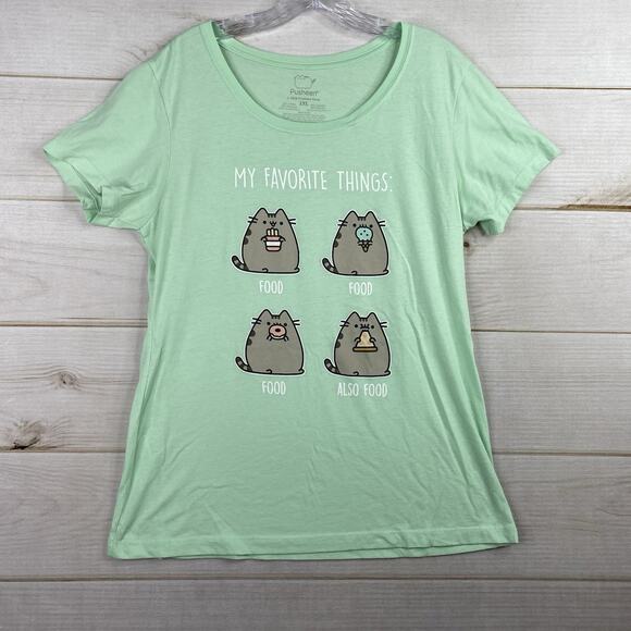 Pusheen Womens Tee Shirt 2XL Missy Green Graphic Lightweight Stretch Food Eating - Picture 1 of 6